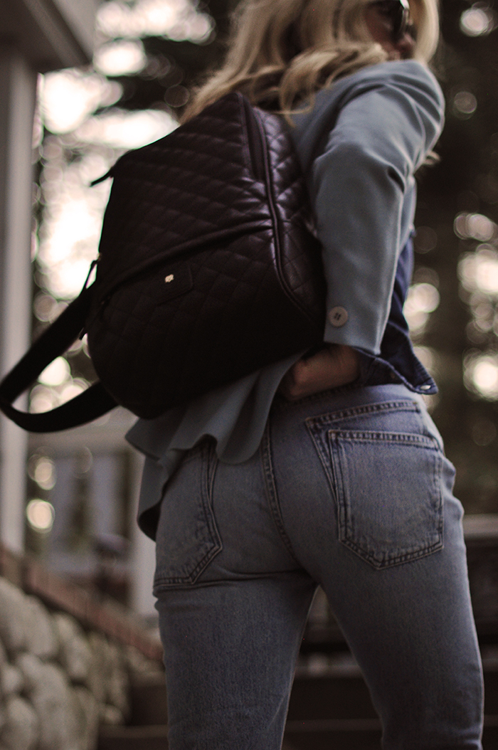 denim on denim look, vintage levis outfit, monochromatic blue outfit, quilted vegan leather backpack, late winter style, golf course lake arrowhead