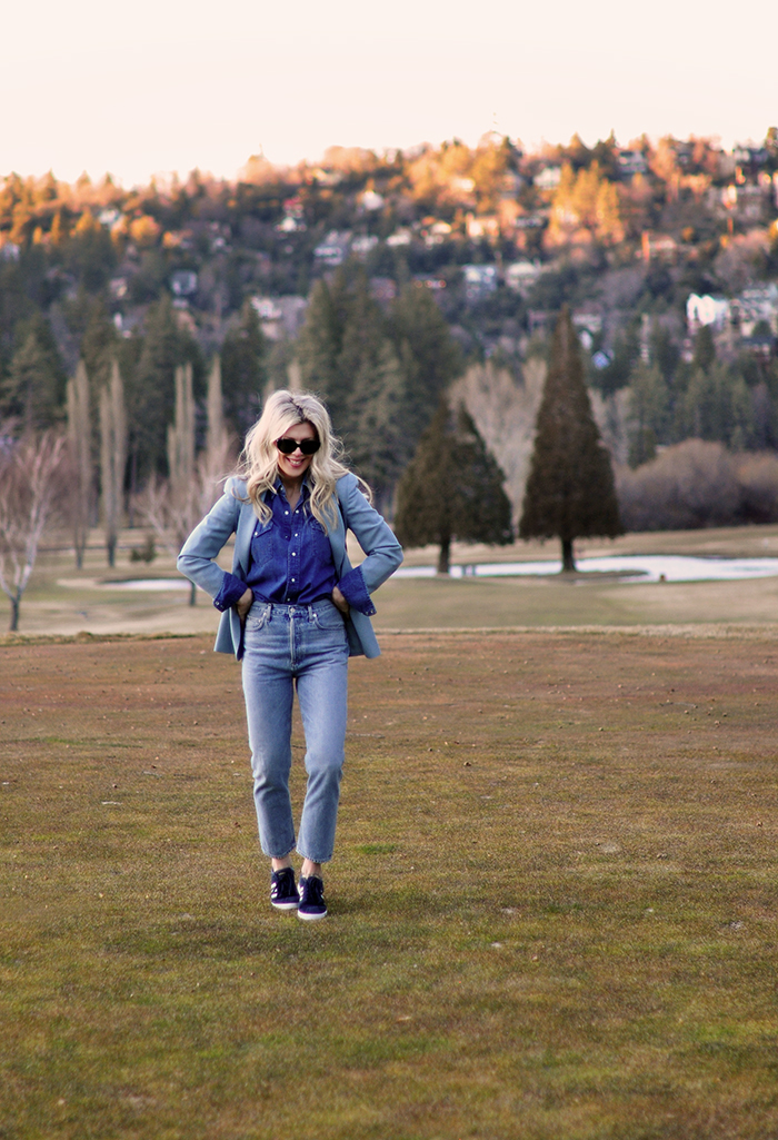 denim on denim look, vintage levis outfit, monochromatic blue outfit, quilted vegan leather backpack, late winter style, golf course lake arrowhead