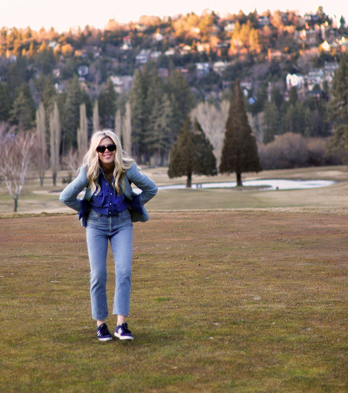 denim on denim look, vintage levis outfit, monochromatic blue outfit, quilted vegan leather backpack, late winter style, golf course lake arrowhead