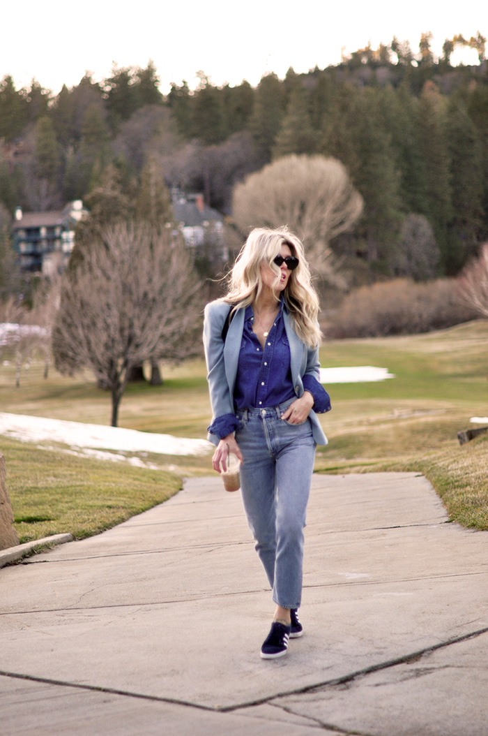 denim on denim look, vintage levis outfit, monochromatic blue outfit, quilted vegan leather backpack, late winter style, golf course lake arrowhead