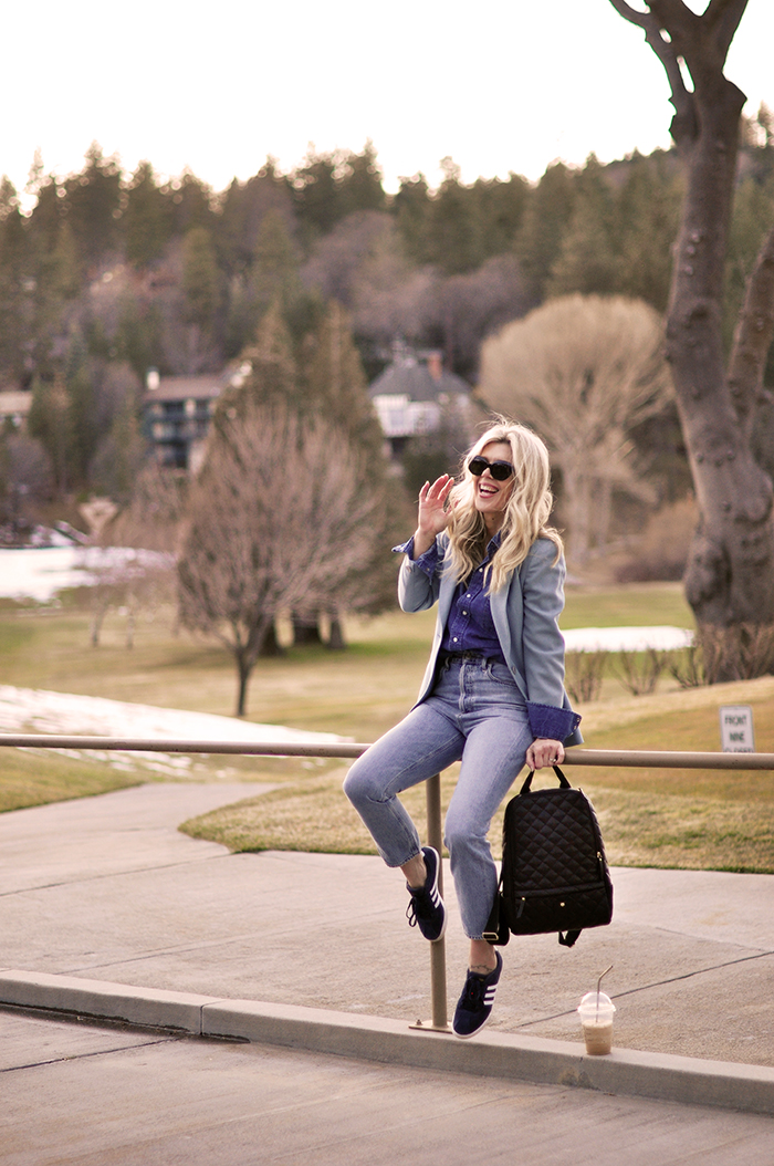 denim on denim look, vintage levis outfit, monochromatic blue outfit, quilted vegan leather backpack, late winter style, golf course lake arrowhead