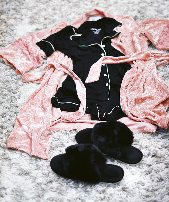 cute black and white pajama set with pink velvet robe