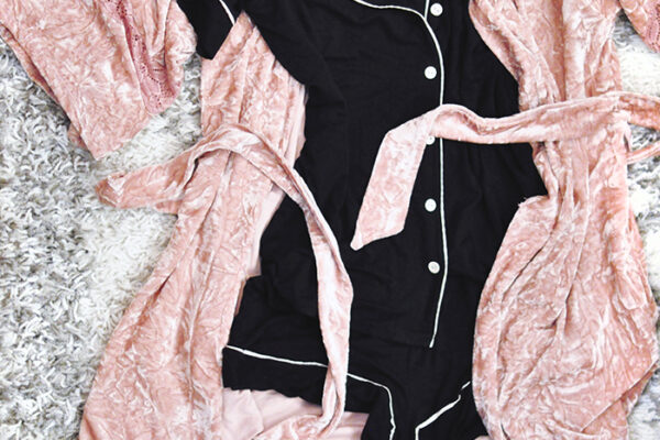 cute pajamas-pink velvet robe-furry slippers-black pajama set with white piping shorts