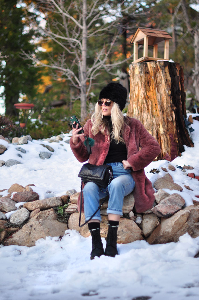 winter style in the snow - vintage jeans and dr martens outfit with faux fur coat - lake arrowhead california