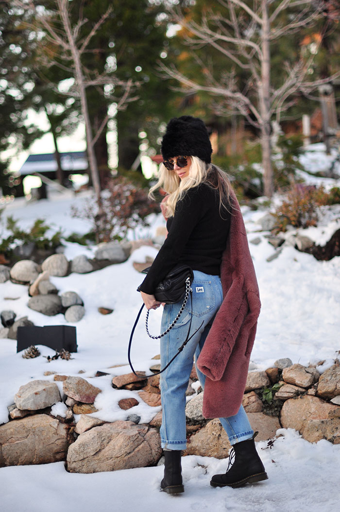 winter style in the snow - vintage jeans and dr martens outfit with faux fur coat - lake arrowhead california