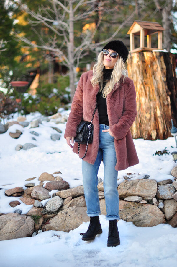 winter style in the snow - vintage jeans faux fur coat and dr martens