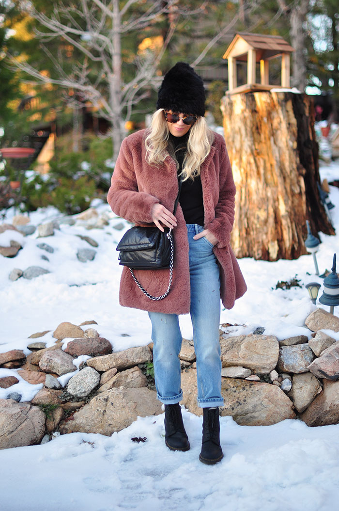 winter style in the snow - vintage jeans and dr martens outfit with faux fur coat - lake arrowhead california