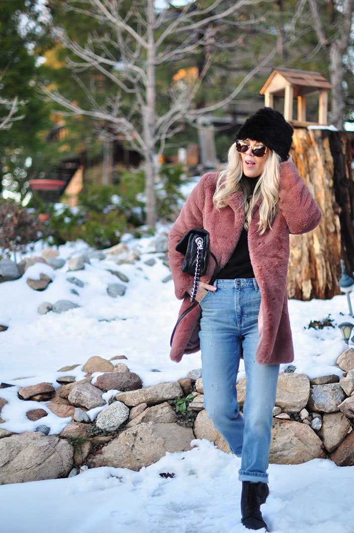 winter style in the snow - vintage jeans and dr martens outfit with faux fur coat - lake arrowhead california