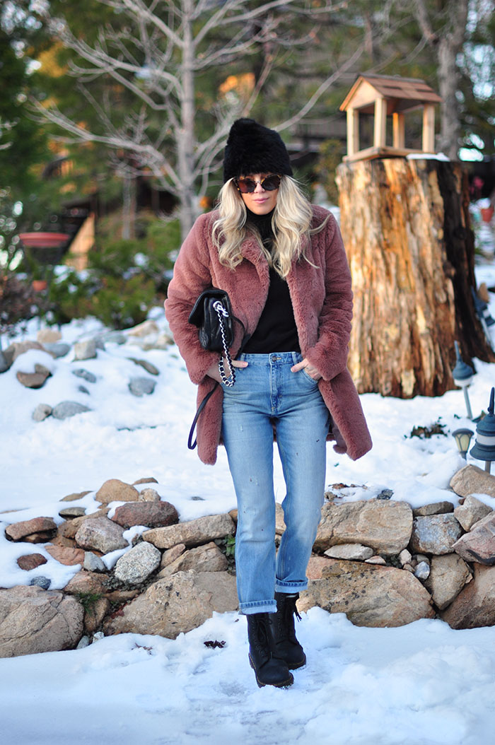 winter style in the snow - vintage jeans and dr martens outfit with faux fur coat - lake arrowhead california