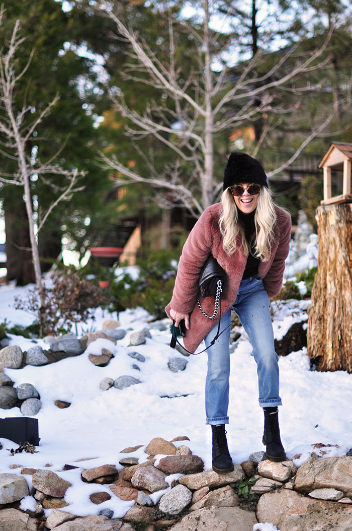 winter style in the snow - vintage jeans and dr martens outfit with faux fur coat - lake arrowhead california