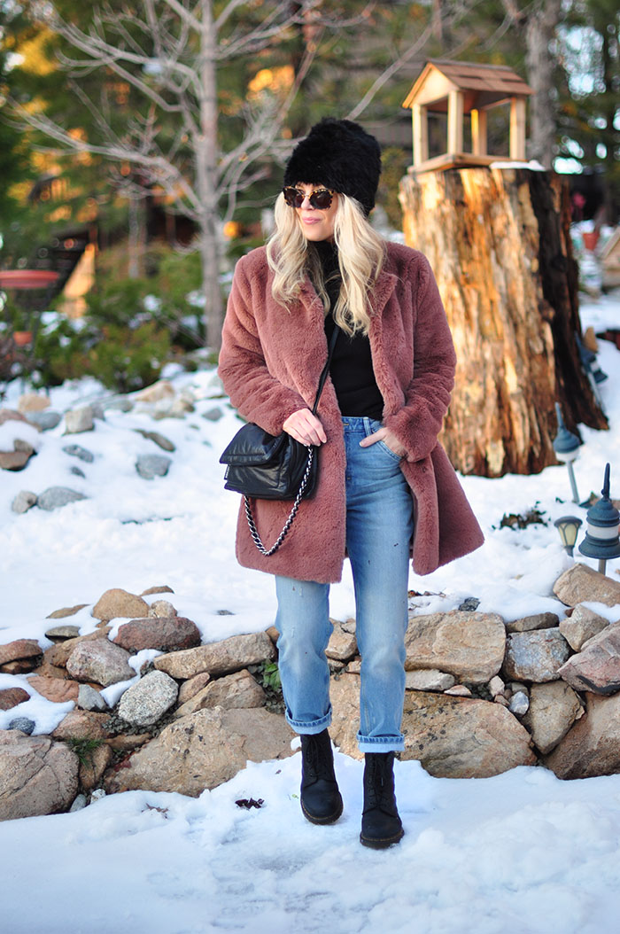 winter style in the snow - vintage jeans and dr martens outfit with faux fur coat - lake arrowhead california