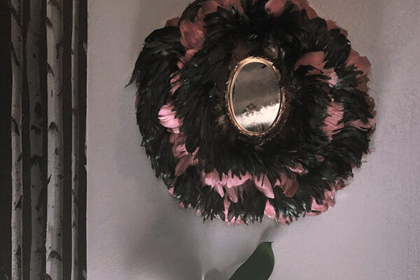 feather juju hat with center mirror-round wall art hanging