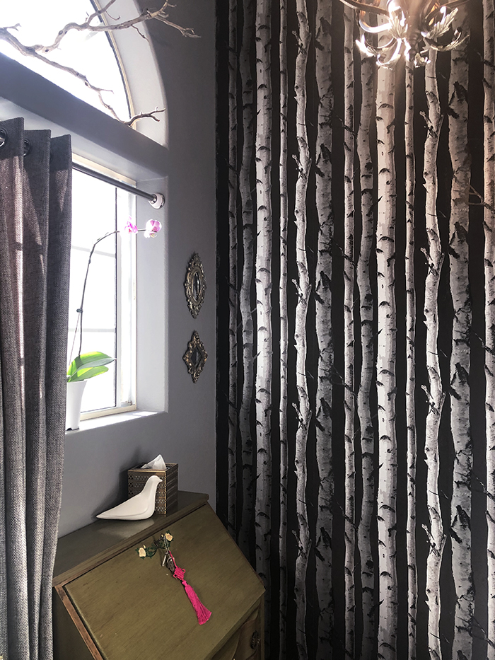 dark bathroom decor, tree-lined wallpaper, grey walls-large windows, high ceilings, powder rooms, home decor, powder room ideas