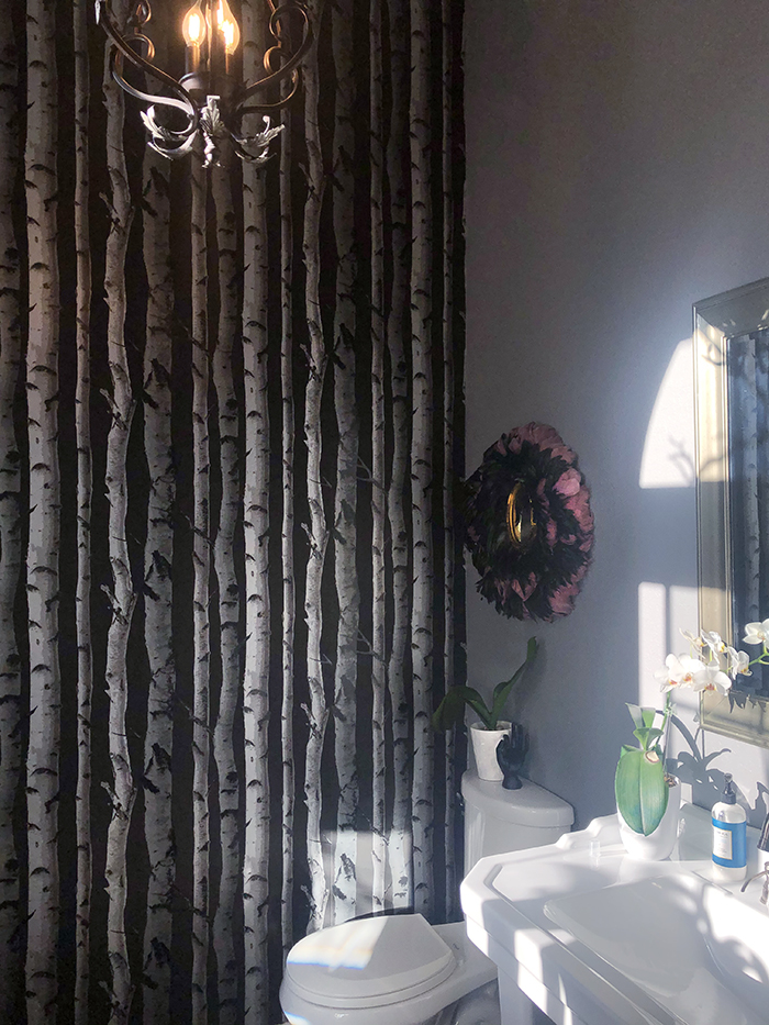 dark bathroom decor, tree-lined wallpaper, grey walls-large windows, high ceilings, powder rooms, home decor, powder room ideas