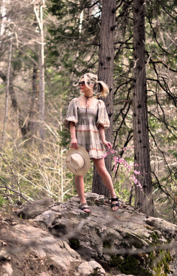 boho spring mini dress quarantine style in the woods - free people dress - outfit with birkenstocks