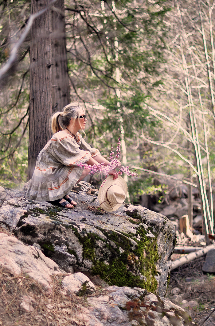 boho summer outfit with babydoll dress and birkenstocks in the woods in lake arrowhead - lovemaegan