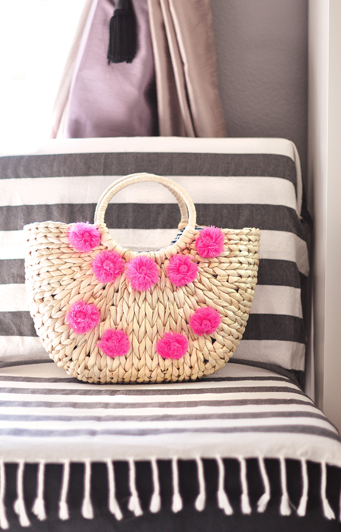 cute summer beach bag - woven straw tote bag with pink poms