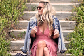 easy fall style pink midi dress with vans and denim jacket