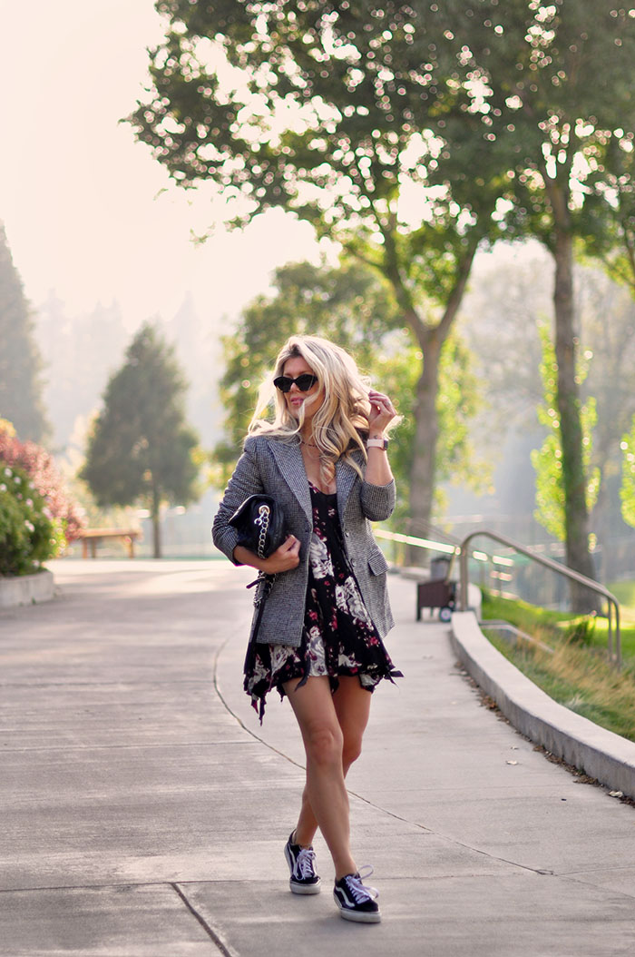 summer to fall- floral dress with blazer and sneakers - love maegan