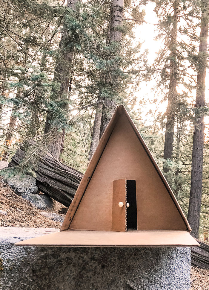 DIY Winter A-Frame Cabin in the woods, how to make a mini a-frame house out of cardboard