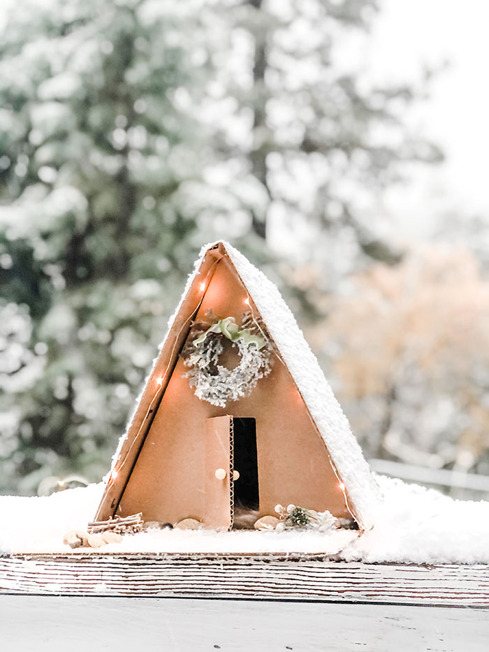 DIY Winter A-Frame Cabin in the woods, how to make a mini a-frame house out of cardboard