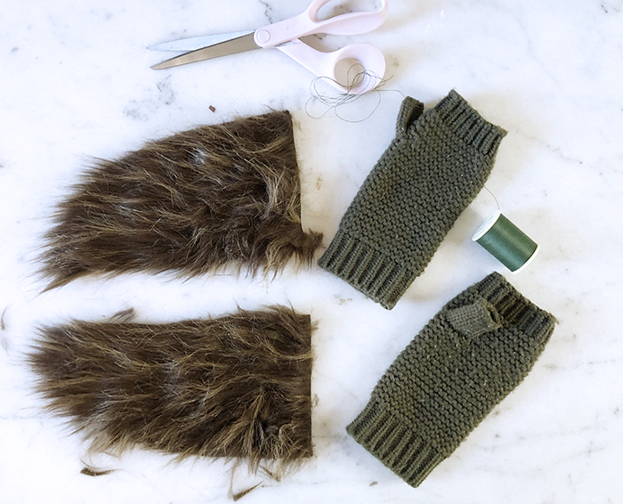 How to make faux fur gloves, diy fur gloves, fingerless knit gloves with faux fur