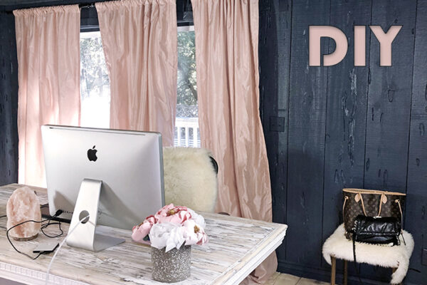 DIY blog-love Maegans office-dark walls-pink curtains-woven cane rattan light panel covers flourescent lighting