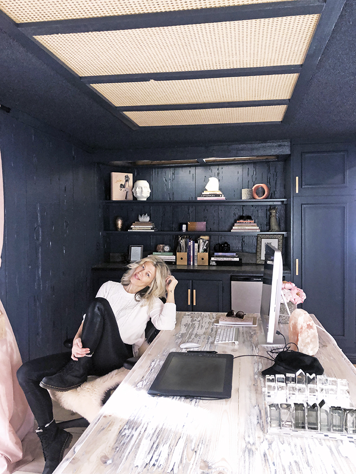 love maegan's new office in Lake Arrowhead, dark blue walls and blush curtains, desk area