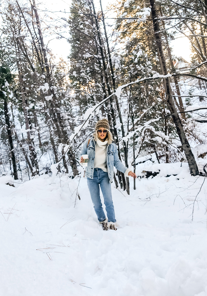 winter style, what to wear in the snow, denim on denim, snow outfits, lake arrowhead snow days love maegan