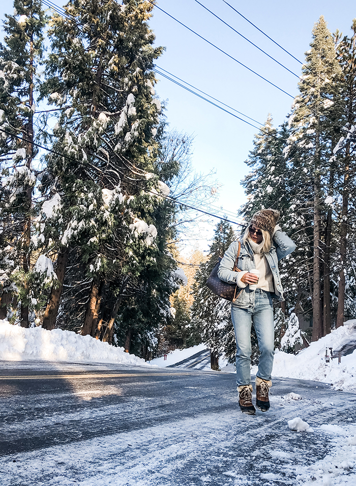 winter style, what to wear in the snow, denim on denim, snow outfits, lake arrowhead snow days love maegan