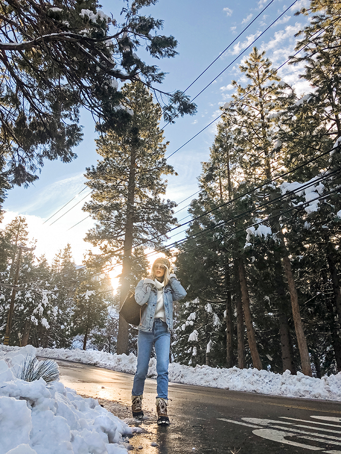 winter style, what to wear in the snow, denim on denim, snow outfits, lake arrowhead snow days love maegan