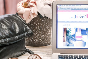 desktop flowers-laptop speckled concrete pot vase-peonies-barton perreira sunglasses