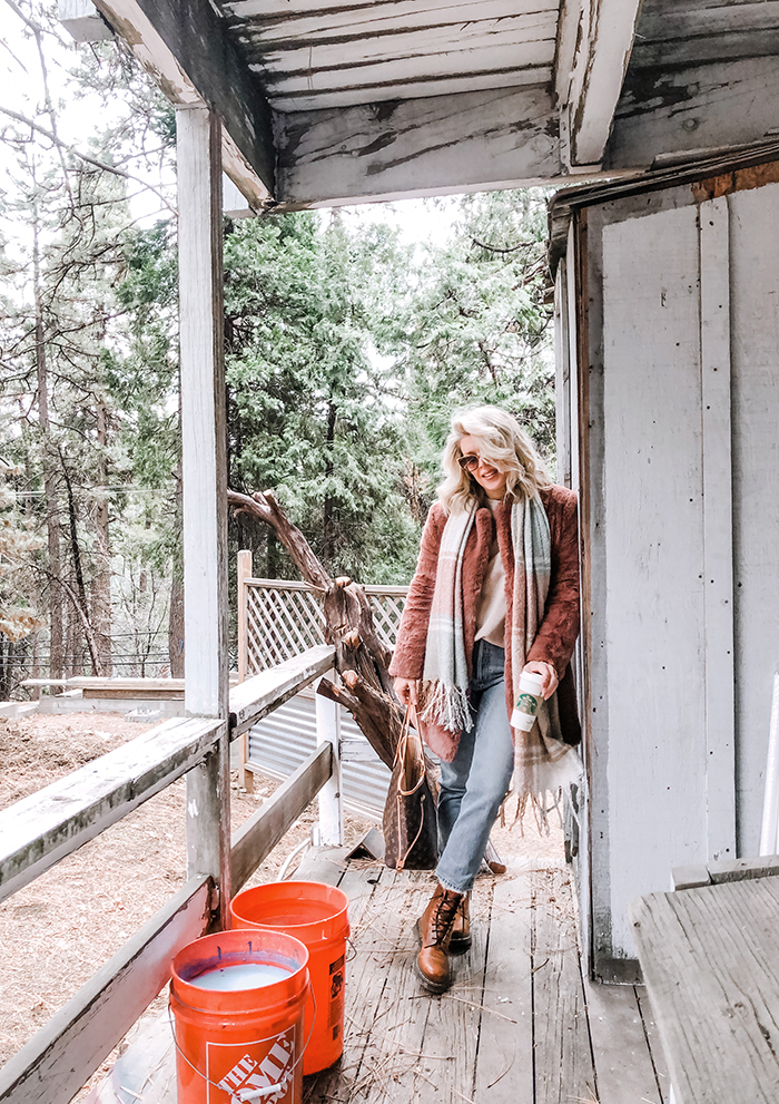 winter style, winter outfits with jeans and docs, louis vuitton neverfull, office renovation, lake arrowhead, love maegan office