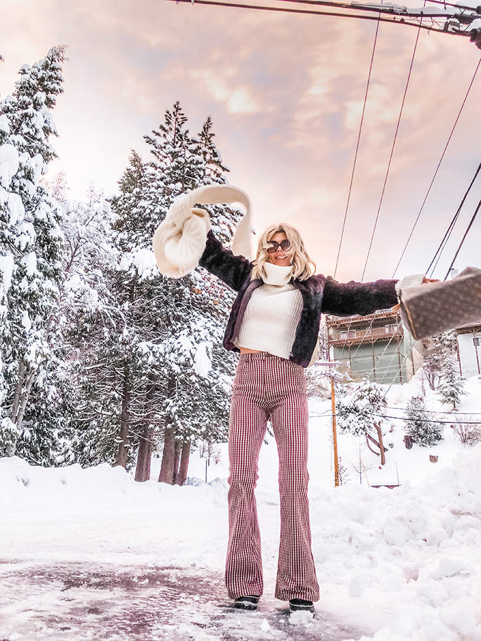 winter style, bell bottoms, 70s style in the snow, lake arrowhead, snow outfits