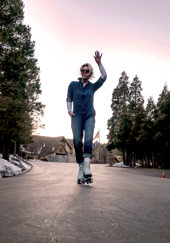 denim coveralls, blue roller skates, btfl skates, roller skating