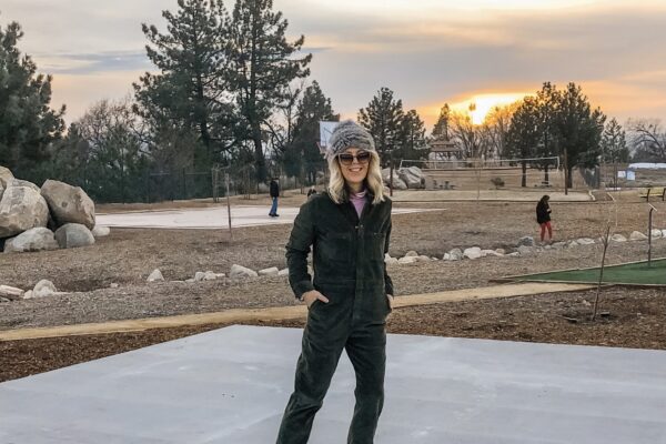 roller skating at sunset in lake arrowhead on pink moxi lolly roller skates and corduroy lee coveralls in the winter