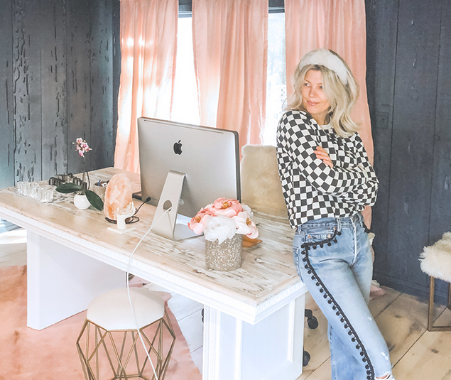 how to turn an old table into a statement desk, love maegans office, office decorating ideas, statement desks, dark walls, light wood floors, pink curtains, diy blogs