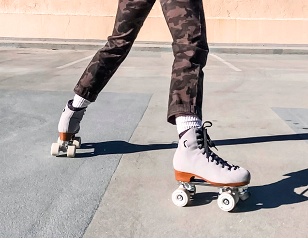 grey suede roller skates, moonlight rollers, mirror balls, skates