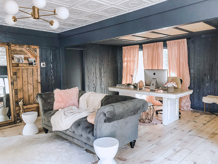 room makeover, dark walls, light raw white washed wood floors, pink curtains, old world meets contemporary design, bloggers offices, love maegans office in Lake Arrowhead