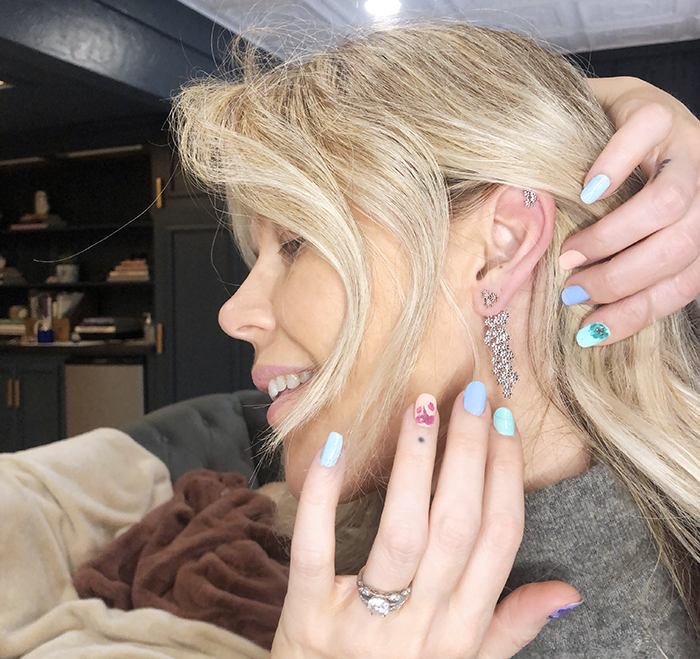 white gold earrings, flower ear jackets, pastel nails, tiny dot finger tattoo, love maegan blog