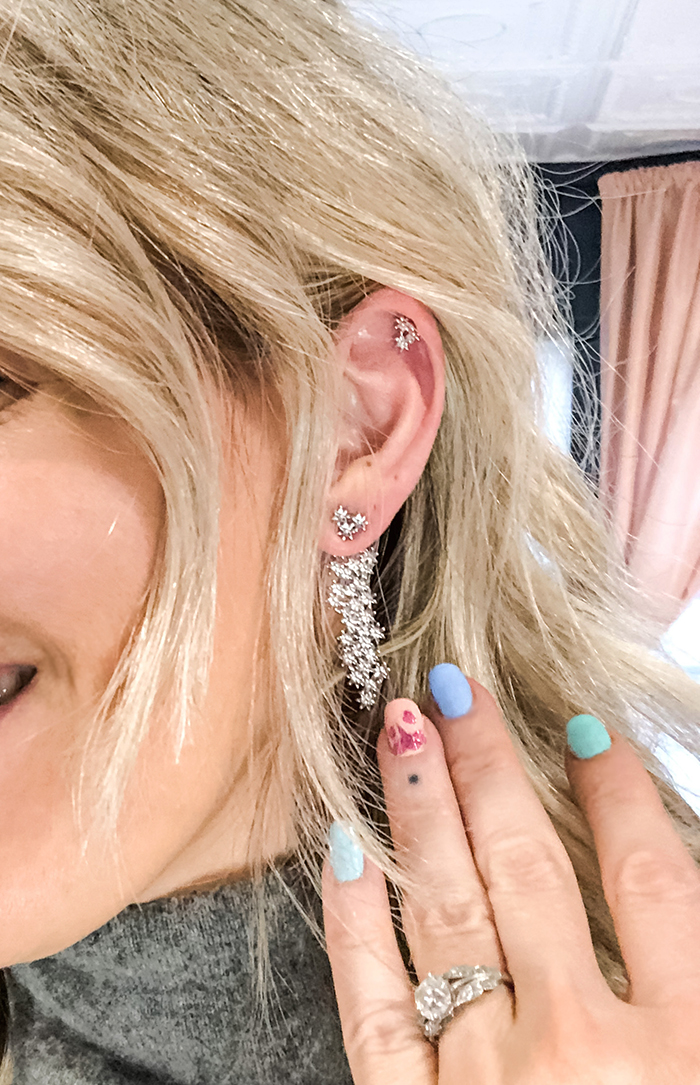 white gold earrings, flower ear jackets, pastel nails, tiny dot finger tattoo, love maegan blog