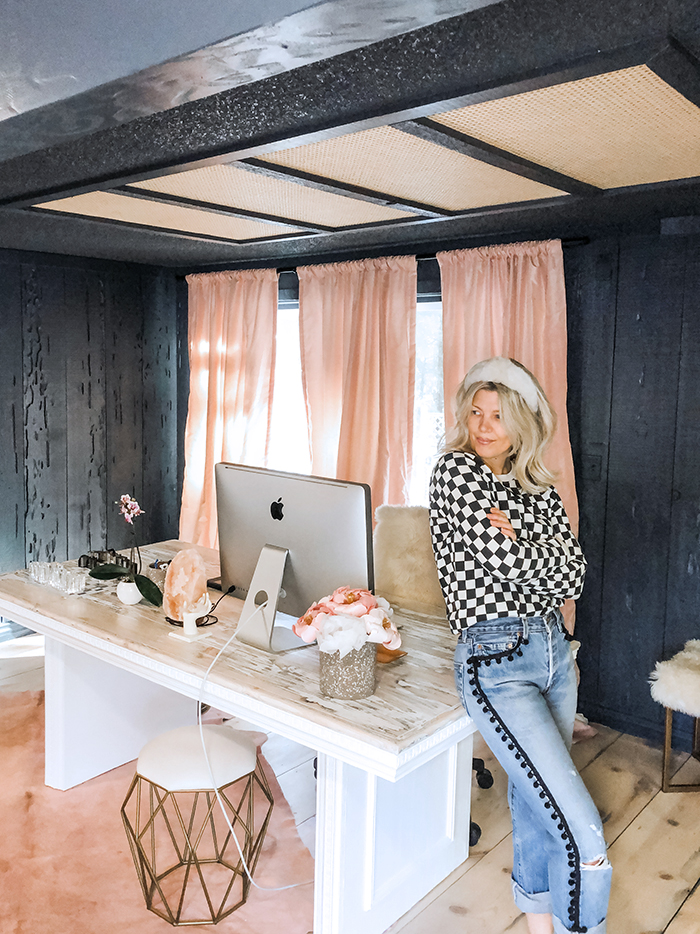 statement desk makeover in love Maegan's office, blogger offices, statement desks, use a table as a desk, room decor ideas, dark walls, pink curtains, large white desk