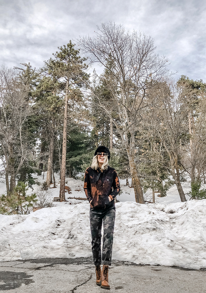 new moonlight roller skates, camo pants in the snow, bleach dye DIY sweatshirt, lake arrowhead, mixing prints, fashion blog