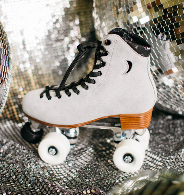 moonlight roller skates mirror ball grey skates with moon and white wheels