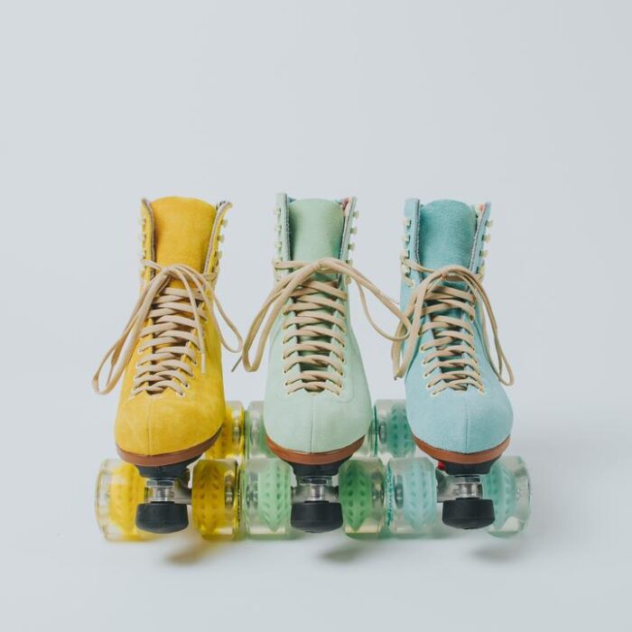 moxi roller skates in pastel suede, yellow, green and mint, pineapple, honeydew and floss roller skates