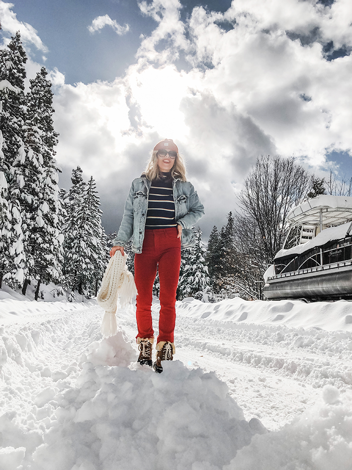 lake arrowhead winter snow, snow outfits, stormy sky, clouds, red jeans, striped turtleneck, blogger style, love maegan