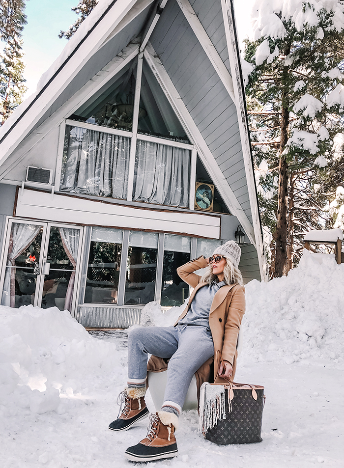 sweats with a long jacket, dressing up a sweat suit, track suits, snow outfits, winter style, a-frame cabin in lake arrowhead