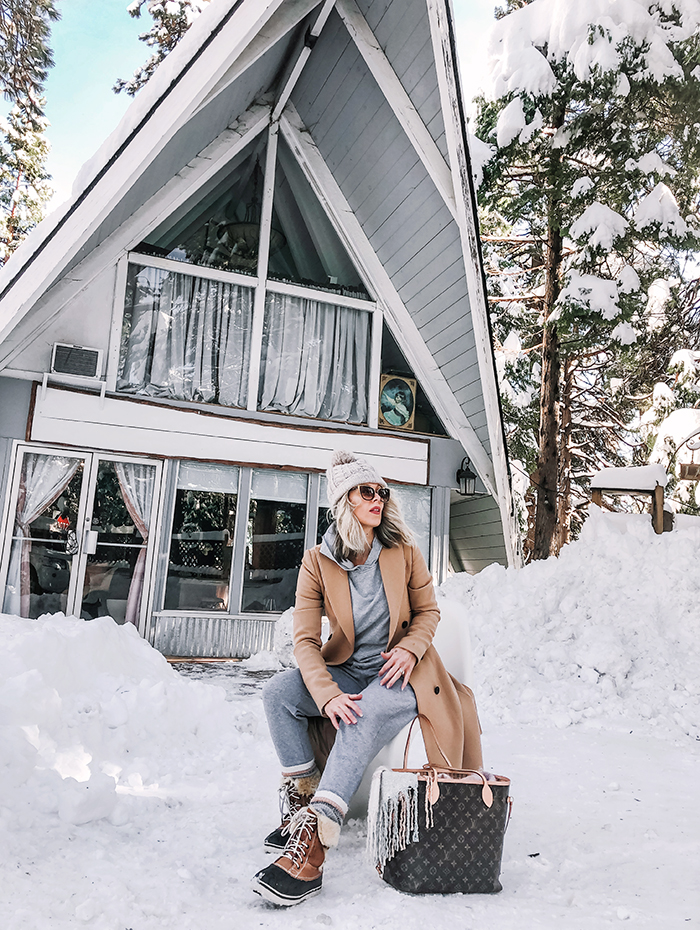 chic sweat suits, sweats with coats, snow outfits, winter style, a-frame cabin, lake arrowhead, comfy casual look