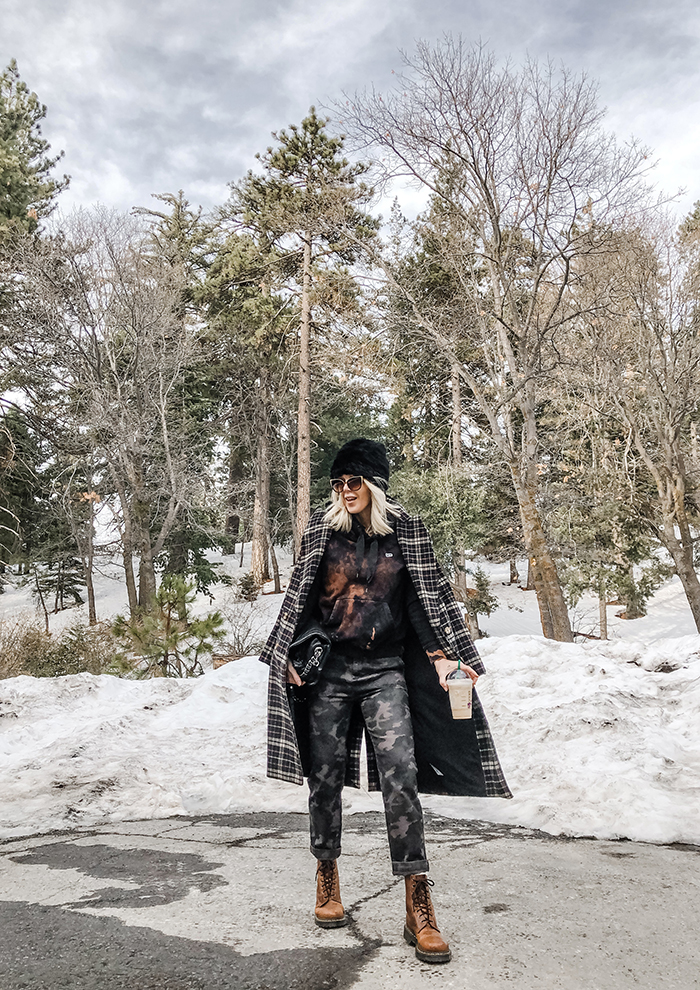 winter style, outfits in the snow, outfits with dr martens, how to diy bleach dye a black hoodie sweatshirt, mixing plaid and tie dye and camo prints