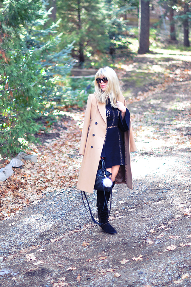 boho chic style, mini dress from free people with camel coat and over the knee boots